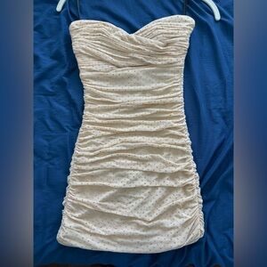 bebe Cream and Gold Ruched Mini Dress